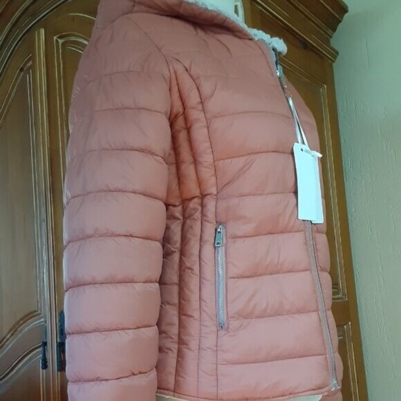 NEW ♡ Reversible Puffer Fleece Hoodie Jacket Cream Copper Small or XS - Picture 3 of 5